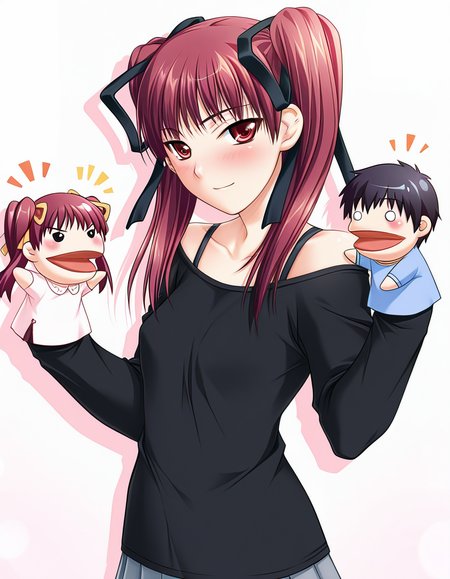 masterpiece, best quality, amazing quality, very aesthetic, absurdres, official art, ultra detailed,
1girl, solo, konoe_sunao, twintails, hair ribbon, red hair, red eyes BREAK
black shirt, blouse, pleated skirt, black shirt, black bra strap, light happy, blush, looking at viewer, standing, hppt,hand puppet, happy aura simple background, white background, upper body, soft shadows <lora:hand_puppet_IL_v1:1>
<lora:konoe sunao v1.0-000017:1>