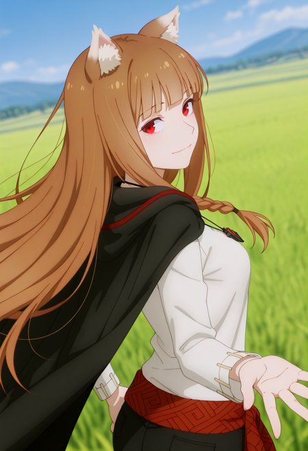 holooutfit3_cloaked, 1girl, long brown hair, bangs, red eyes, fox ears, medium breast, | on top hooded cloak, short cape, red patterned trim, clasp, white shirt, long sleeves, loose shirt, black long pants, cropped pants, necklace, pendant, red braided sash, 
 <lora:Holo_IL:1>,
 (Character),score_9, score_8_up, score_7_up, very aesthetic, source_anime, detailed, high quality, beautiful, masterpiece, detailed eyes, field, blurry background, pose dynamic angle, upper body, cowboy shot, light smile, looking back, reaching out, floating hair.