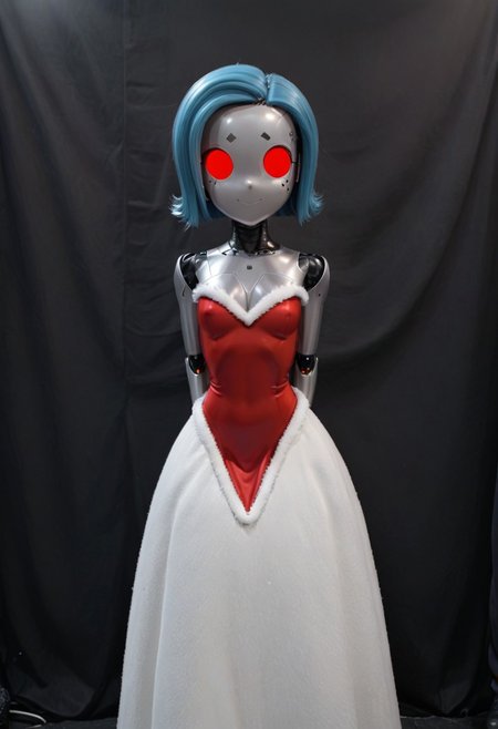 A 35mm photo a woman, she is a humanoid robots , robotic body, vibrant green robotic eyes, freckles, smooth featureless silver grey robotic skin, robotic aerials, metallic dark blue hair, elegant red Christmas satin dress with white fur trim, 
mannequin, faceless, egghead, noface, cyborg, TheFaceLess, Zorii-pxl, Zorii Bliss, faceless