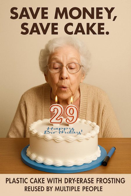 create me an ad for a Plastic cake with dry-erase frosting. Reused by multiple people. Banner: “Save Money, Save Cake.” Grandma blowing out candles that say “29.”