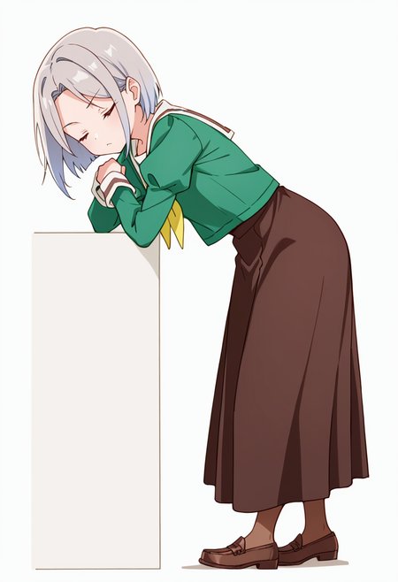 masterpiece,high quality details,absurdres, 
 <lora:Nishidera_Nene:0.8>
nene_cnr, 1girl, grey hair, short hair, 
nene_s2,green shirt, white sailor collar, serafuku,long skirt,black-brown skirt, juliet sleeves,pantyhose, loafers,, simple background, white background, from side,solo,, ;<,
