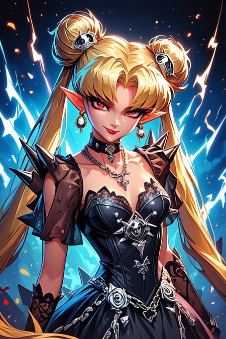 score_9, score_8_up, score_8, medium breasts, (curvy), cute, eyelashes,    smug,   BREAK, ,  ,,, <lora:CruelMoon_PDXL:0.8>, zzCruelMoon, long hair, twintails, blonde hair, jewelry, hair bun, double bun, very long hair, choker, chain, spikes, gothic, parted bangs, red eyes,  earrings, dress, makeup, holding, necklace, lipstick, black dress, pointy ears, night, ,,, , BREAK, smile, closed mouth, looking at viewer, cowboy shot, ,,, embedding:zPDXL, Expressiveh, ,,, <lora:EnergyCAT:1.0>, solo, smile, looking at viewer, aura, blue sky, ,,, <lora:SDXLFaeTastic2400:0.5>, <lora:Expressive_H-000001:0.4>,