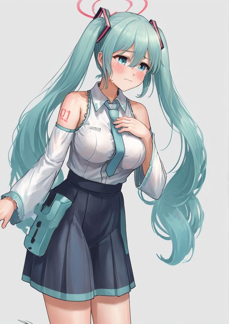 1girl, hatsune miku, huge breast, arm at side, blush, closed mouth, collared shirt, cowboy shot, crying, crying with eyes open, detached sleeves, floating hair, frilled shirt, frills, from side, hair between eyes, hair ornament, hand on own chest, long hair, long sleeves, looking ahead, necktie, pleated skirt, profile, raised eyebrows, shirt, sidelocks, skirt, sleeveless, sleeveless shirt, solo, tears, twintails,  zPDXL3<lora:solharuu:1>