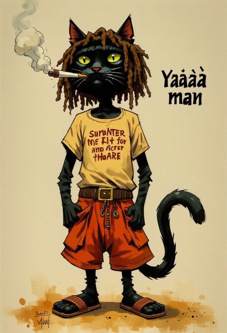 Oil painting by Frank Frazetta. An antrophomorphic black cat with dreadlocks and smoking a blunt. Wearing baggy shorts and shirt with sandles. Text "Yaaaa man"