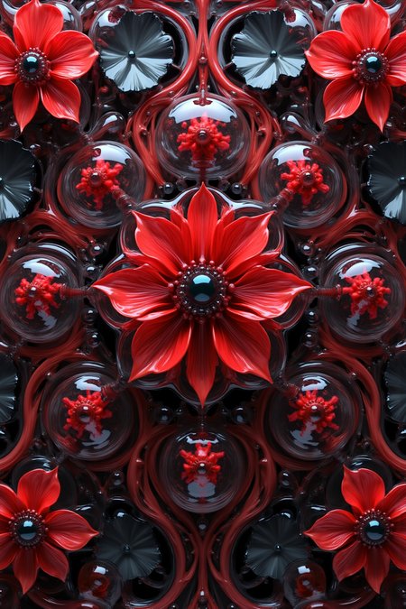 Acrylic, Translucent style, High-contrast digital art: A bold, red and black floral medallion featuring a central red flower with with intricate textures and vibrant colors. The scene should include a rich variety of elements, each contributing to the overall atmosphere. Lighting should be soft, diffused, and natural, enhancing the depth and realism of the scene. The mood is to be calm yet vibrant, creating a sense of serenity and wonder. Every detail in the scene should be meticulously rendered, emphasizing the contrast between light and shadow, and capturing the fine textures and subtle gradients. The color palette should be carefully chosen to evoke emotion, with each hue enhancing the aesthetic appeal of the overall composition. The final image should be immersive and captivating, drawing the viewer into its intricately detailed world.