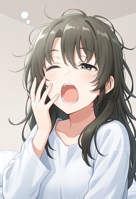 1girl, oregairumeguri, brown hair, long hair, messy hair, black eyes, sleepy, open mouth, yawning, cute, bedroom, <lora:Meguri_ill_v1:1>, masterpiece, best quality, high quality, detailed, absurdres