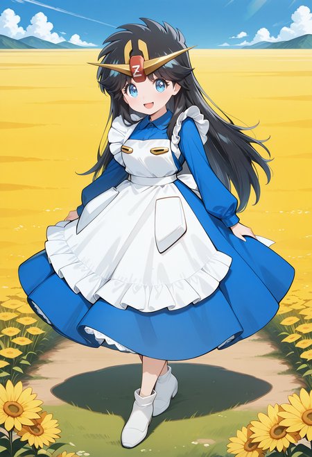 ZetaChan, v-fin, tiara, blue eyes, black hair, long hair, blue dress, long sleeves, white apron, <lora:ZetaChan_illustrious_ver1:0.8> 
smile, open mouth, full body,, masterpiece, best quality, general,, 1girl, solo, (field:1.2), (blue sky:1.2), looking at viewer,