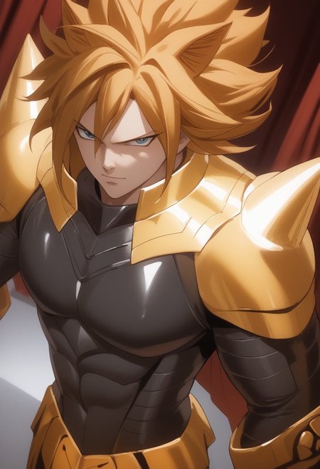 score_9, score_8_up, score_7_up, source_anime, rating_safe, LeoFT, orange Leo hair, 1boy, male focus, super saiyan, gundam suit, glove, pants, serious, indoor theatre stage, red curtains, hands with five fingers, cropped legs, dutch angle, realistic lighting, Expressiveh