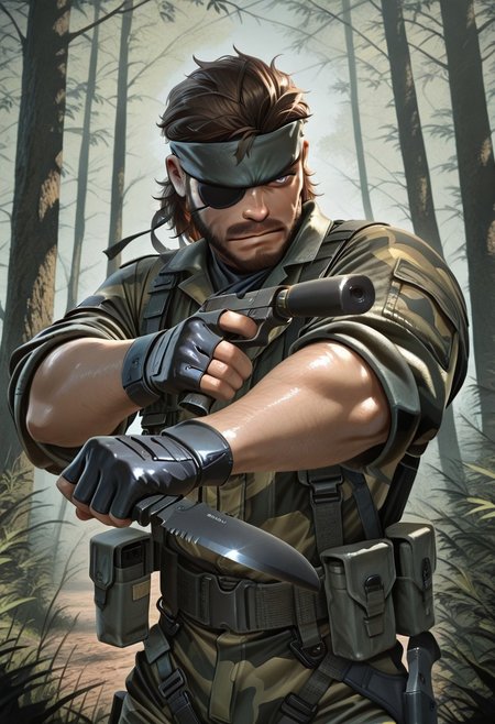 1boy, John, blue eyes, brown hair, brown beard, brown mustache, green camo suit, eyepatch, bandana, fingerless gloves, pistol x tac knife, holding gun, suppressor, holding pistol and knife, upper body, jngl3, outdoors, nature, masterpiece, best quality, amazing quality,