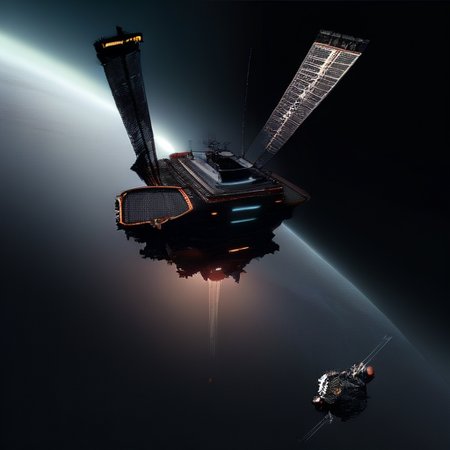 In the mining operation within Odysset's rings, massive platforms and interconnected structures sprawl across the cosmic expanse. Bright floodlights cut through the darkness, revealing workers clad in rugged space suits maneuvering among towering cranes and robotic arms. Transport vessels dart back and forth against the backdrop of the star-studded void, ferrying payloads of ore to processing facilities stationed on nearby asteroids. The scene is a symphony of activity amidst the celestial silence, with the distant glow of the planet Odysset providing a serene backdrop to the bustling industrial operation., BREAK, (sci-fi, futuristic, space, asteroid:1.4), BREAK, <lora:detailed_notrigger:1>,   <lora:Expanse_Science_Fiction_Comic_Style_SDXL:1> expnscom