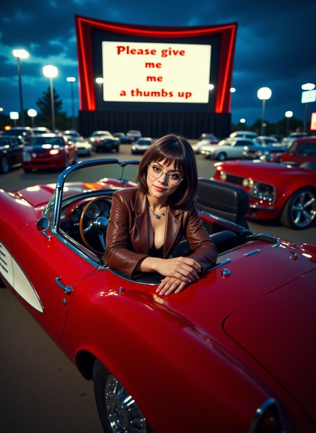 From the front,She is approximately 18 years old. photoshoot poses, dynamic angles, multiple angles, photoshoot poses; a photo of N00dl3s, she is wearing glasses, a brown leather jacket and white shirt, black leather pants. She is sitting in a classic red and white corvette  at a drive in theatre, on the screen it reads "Please give me a thumbs up", She is smiling and looking at the camera. Atmospheric, Ultra Detailed, the scene is one of action. illustrious quality, deep rich colors, excellent composition ,making this image a masterpiece of photography and digital art. realistic. Style: realistic hyper-detailed rendering, 32k UHD, expressive eyes, punk, graphic design, girl's face, pretty and cute, gleaming lips, telling a tale of adventure. Exuding confidence and serenity. The overall mood of the image is happy and relaxed,detailed skin texture,(blush:0.2),(goosebumps:0.3),subsurface scattering,with a playful and whimsical tone. Perfection style.aidmafluxpro1.1