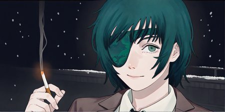 smile,
very awa,masterpiece,best quality,newest,highres,absurdres,snowing,snow,street light,((dark environment):1.5),(black background:1.3),(Top light),
1girl,himeno \(chainsaw man\),solo,eyepatch,shirt,looking at viewer,necktie,short hair,collared shirt,formal,one eye covered,holding,bangs,white shirt,medium hair,serious,closed mouth,smoking,cigarette,(scenery:1.2),(cowboy shot:1.3),
CSMcover-style,<lora:CSMcover-style_noob11_v3:0.8>,