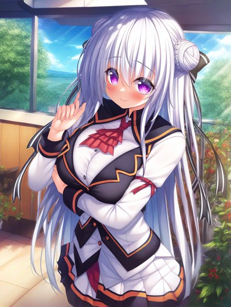 masterpiece,best quality,amazing quality,very aesthetic,absurdres,newest,scenery,<lora:Kiryuuin Kiriha_ilxl_v1-000010:1>,1girl,long hair,purple eyes,hair bun,solo,double bun,large breasts,skirt,smile,ribbon,breasts,looking at viewer,white hair,long sleeves,hair ribbon,blush,pleated skirt,school uniform,kiryuuin kiriha,