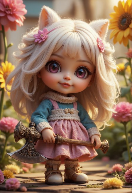 A cute doll with oversized, expressive eyes and a cheerful smile, holding a massive, intricately designed axe that seems almost comically large in her tiny hands. She stands in a whimsical, colorful garden filled with oversized flowers and playful creatures. Special effects highlight the doll's vibrant colors and the gleaming metal of the axe, while post-processing adds a soft, dreamy glow. Visual treatment inspired by the styles of Yoshitomo Nara and the playful aesthetics of children's storybooks, merging charm and fantasy for an enchanting image.
<lora:aidmaMJ6.1v0.4:1> aidmaMJ6.1  <lora:DarksunRIDDV3:1>, 3d fluffy, closeup cute and adorable, cute big circular reflective eyes, long fuzzy fur, Pixar render, unreal engine cinematic smooth, intricate detail, cinematic