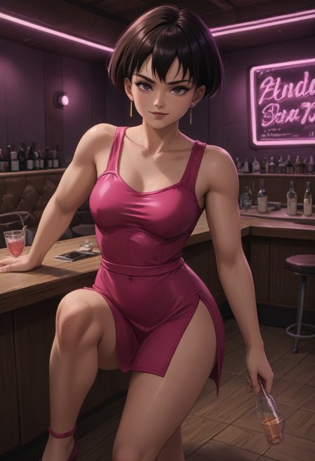 Score_9 score_8_up score_7_up masterpiece perfect quality, high resolution, high definition, 4k, beautiful image, creative angle, perfect angle, pink lighting, (apply pink lighting and filter) futuristic bar, drinks, night club setting, futuristic, 
<lora:Fasha:1.0> fasha, perfect face, beautiful face, cute, smug look, girl muscle, medium breasts, fierce look, seductive eyes, 1girl, pink high heels, short hair, ((wearing pink cocktail dress)), earrings, bare upper body, collarbone, detailed body, fit girl, sexy body, beautiful body, sexy pose, looking at viewer interested, 3d