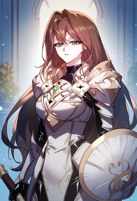 zPDXL3, score_9_up, score_8_up, score_7_up, (Anime_source), 1girl, Arcia, green eyes, brown hair, long hair, Arcia armor, looking at viewer, particles, parted lips, holding shield