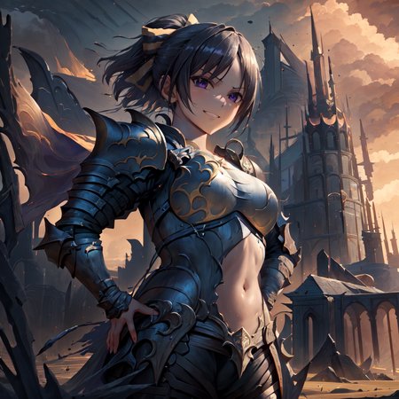 masterpiece, best quality, absurdres, detailed, 1girl, solo, AkiraGGN, short hair, brown hair, purple eyes, yellow hair bow, armor, knight, fantasy, pixiv fantasia, flower field medium breasts, parted bangs, ponytail, standing, hands on hips, grin, <lora:AkiraGGN:1> <lora:djzEndGate_v15:1> <lora:5shotStyle_v10:.3>