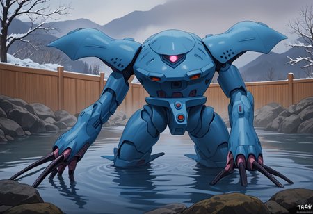 score_9, score_8_up, score_7_up, source_anime, front view, BREAK,  ( hygogg, blue_hygogg_armor, pink monoeye, from side, looking at viewer, long arms, very long arms, long claws) 1mech, blue mech, wide mech, large shoulders, large shoulder armor, mech focus, solo, BREAK, two arms, submerged in hot spring, swimming, onsen, fence, rock, water, fog, mostly underwater, emerging from water, (head and arms only),