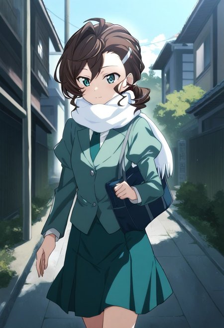 masterpiece, best quality, very aesthetic, absurdres,perfect,1girl,Inuyama Mana,GeGeGe no Kitarou,solo,cowboy shot,(day:1.5),urban residential area,1 hair tie,light smile,holding nylon school bag,walking,blue eyes,(white  scarf:1.2),school uniform,(white shirt:1.2),(juliet sleeves:1.2),(celadon blazer:1.2),(dark sea-green necktie),(dark sea-green skirt),(single hair intake:1.5),(wavy hair),(swept bangs) and (hair pulled back:1.2),hair between eyes,(low ponytail),Ahoge,(Brown) medium hair,sideburns, 1 silver hairpin