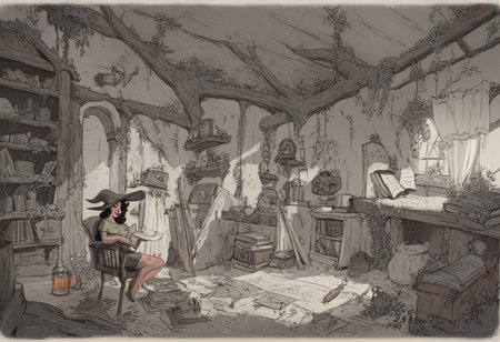 score_9, score_8_up, score_7_up, score_6_up, old house, in the forest, inside house, old urniture, glass bottles with weir thing inside on shelves on the wallas, a beautiful long black hair witch with witch clothes and a witch hat, sitting on and old chair, boring face,  reading a cook book with the text title "How to cook a swamp monster"