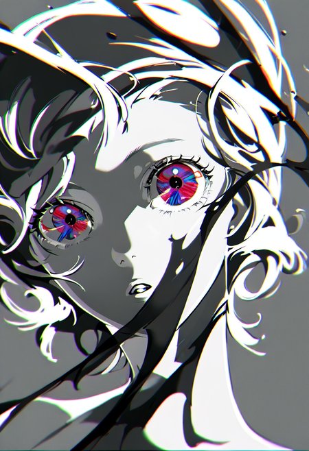 solo, 1girl, monochrome, short hair, spot color, multicolored eyes, greyscale, portrait, floating hair, parted lips, grey background, looking at viewer, shadow, open mouth, chromatic aberration, simple background, eyelashes <lora:yoneyamaiXL_NBVP1_lokr_V6311P:0.95>