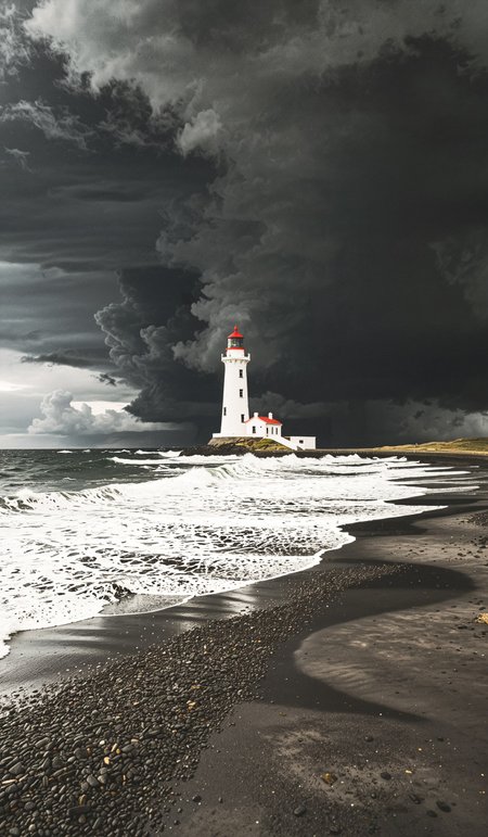 gardur lighthouse against a dramatic sky with stormy clouds and ocean, gardur, island, ultra long exposure shot, wavy clouds, black sand, overcast weather, perfect composition, stunning, film grain, atmospheric, dramatic light, parallel lines, architecture shot