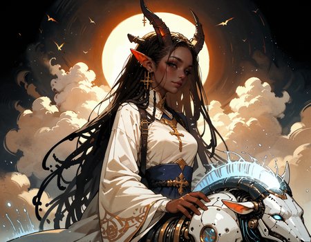 score_9, score_8_up, score_7_up, score_6_up, score_5_up, score_4_up,   female priestess, cel-shading, backlit, delicate features, very long hair, (dreadlocks), riding a mechanical wolf, medium breasts, horns, cyborg, pointy elf ears, multiple ear piercings, black background, techwear, large horns, dynamic pose, freckles, light blue outfit, blue glowing machine parts, hair oranments, smug, seductive smile, from behind, looking over shoulder, battle armour, chestplate, japanese dress
