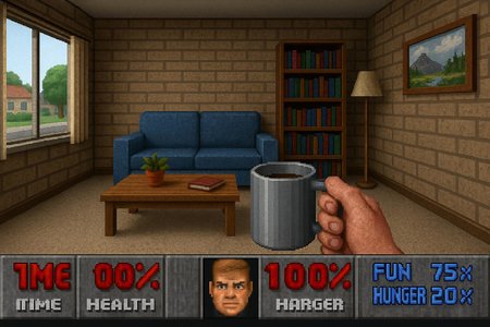 Screenshot from a game resembling Doom (1993) but it is a first-person view peaceful life simulator like sims.