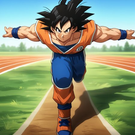 N4RUT0RUNv1, Source_anime, (Dragon Ball Z), ((score_9)),score_8_up,score_7_up,score_6_up,score_5_up,score_4_up, solo, 1boy, (Goku), black hair,  source_DBZ, track_suit, running, arms behind back, arms straight, arms, outstretched arms, muscular male, intense, dynamic pose, meme, outdoors, wilderness, detailed background, green grass, orange dirt, stones