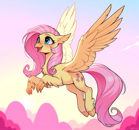 masterpiece, best quality, very aesthetic <lora:MLP-Hippogriff_Illustrious:0.7> hippogriff, classical hippogriff, wings, feral, my little pony, beak, claws, hooves, Fluttershy, flying, in ponyville, spread wings, hot,