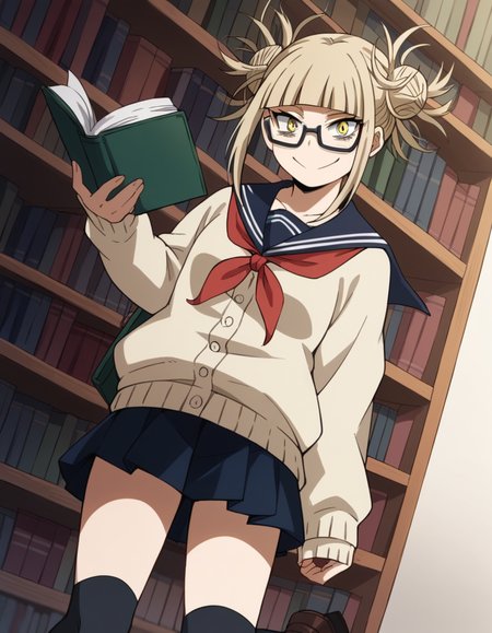 score_9, score_8_up, score_7_up, source_anime, <lora:himiko-toga-s5-ponyxl-lora-nochekaiser:1>, himiko toga, bangs, blonde hair, yellow eyes, blunt bangs, hair bun, double bun, messy hair,, skirt, long sleeves, school uniform, pleated skirt, shoes, serafuku, socks, sailor collar, blue skirt, neckerchief, kneehighs, brown footwear, cardigan, black socks, loafers, red neckerchief, yellow cardigan,, library, reading books, glasses, quiet, focused, shelves of books, smile, looking at viewer, solo,, cowboy shot, dutch angle
