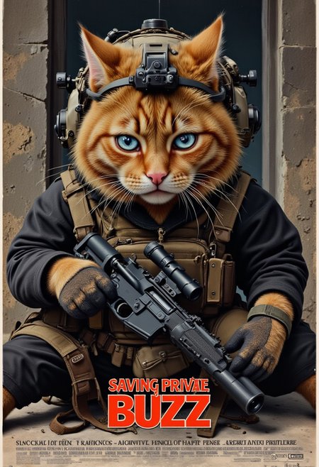 a realistic picture, , ((grumpy muscular orange cat with assault rilfewearing black tacticla military uniforms, ,   cats army and  dressed in rugged military gear with a tactical helmet with night vision googles, holding assault rifle with modern army tactical suit,  dressed in rugged military gear with a helmet slightly askew, holds a modern rifle with a scope, sitting against the wall, take cover from enemy gun fire, (epic realistic combat scenario, ,photorealism, detailed face,(background a squad of rat army firing machine gun to the cat squad,)  (dynamic lighting:1,0), (intricate details,naturalism,hyperdetailed,hyperrealistic:1.55)
 mvpstrCE style
((((Display the text "saving private  BUZZ!" on a movie poster)))). no human