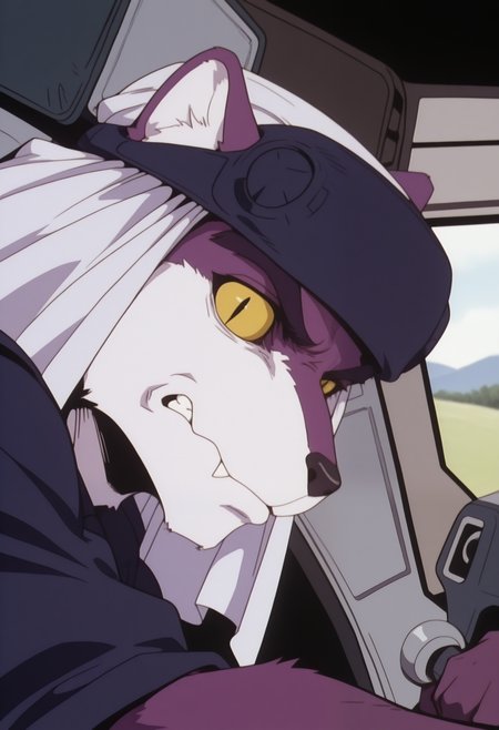 masterpiece,best quality,amazing quality, 1boy, solo, m1r4g3, furry, colored sclera, slit pupils, blue headwear, white headscarf, close up, side angle, looking at viewer, annoyed, cockpit,