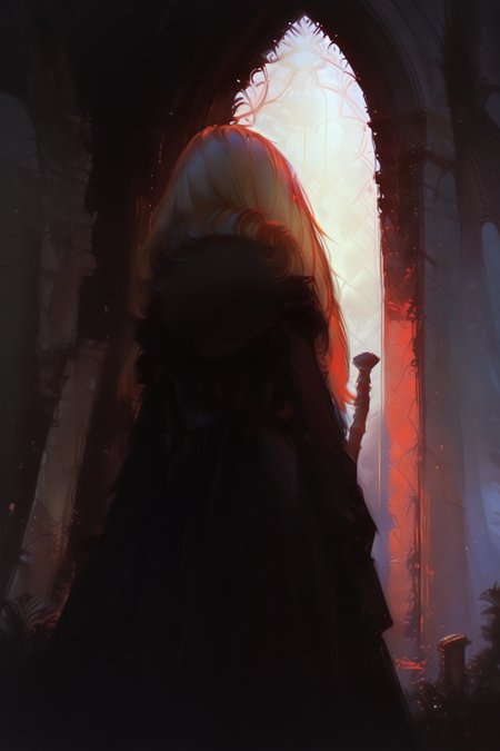 masterpiece, best quality, very aesthetic, dynamic composition, sunlight, , body shot,Worm's-eye view,bashful,Standing,Gothic, dark, medieval, ornate, 1girl, fern_\(sousou_no_frieren\),  holding_staff, ruins, solo, building, outdoors, standing, post-apocalypse, facing away, pantyhose, city, sketch, traditional media, abstract, abstract background, painting \(medium\), no lineart