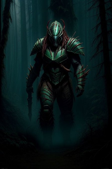 Amazing scene of Predator, fully armored Yautja,  badass helmet with war paint, misty forest setting, dimly lit, epic lighting, predator has advances technological rocket-launch system deployed from his shoulder armor, 
highest quality, focused, clear,