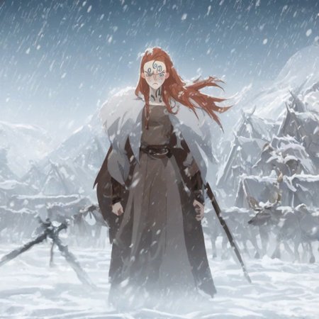 score_9, score_8_up, score_7_up, source_anime, expressive, anime, (S1GR1DTotG5:1.2), Artist speedlines, dynamic, 1girl, white skin, blush_stickers and freckles, long hair, red hair, red_lips, aqua_eyes, face_tattoo, viking, dress, bracer, belt, fur_trim, fur-trimmed_cloak, holding_weapon, angry, standing, shy, blush, sensual, looking at viewer, source_hentai, outdoors, snow, snowing
