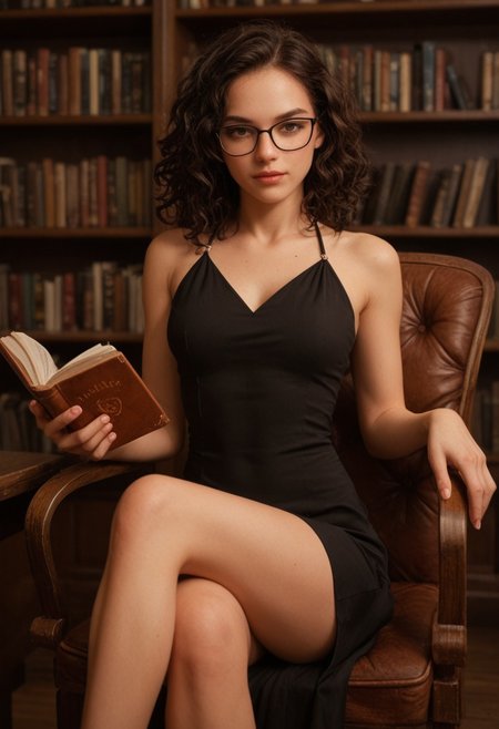 score_9_up, score_8_up, score_7_up, score_6_up, 1girl, 25 years old, perfect face, (adult), sexy,
brown eyes,
black hair, medium hair, curly hair, wavy hair,  sidelocks, 
glasses, 
black dress, sleeveless dress, cocktail dress, 
holding book, 
sitting, crossed legs, chair, legs, 
library,