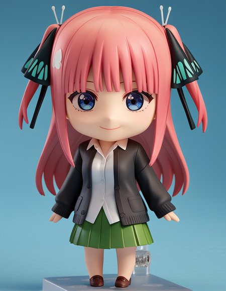 score_9, score_8_up, score_7_up, source_anime,
ninonakano, <lora:nino-nakano-s2-ponyxl-lora-nochekaiser:0.5>, 
nino nakano, long hair, bangs, blue eyes, hair ornament, hair ribbon, pink hair, blunt bangs, two side up, butterfly hair ornament, mature female,
skirt, shirt, long sleeves, white shirt, pleated skirt, open clothes, collared shirt, sleeves past wrists, dress shirt, cardigan, green skirt, open cardigan, black cardigan,
<lora:nendoroid-figurines-ponyxl-lora-nochekaiser:1>, nendoroid, 1girl, solo, chibi, 3d, smile, v, v over eye,