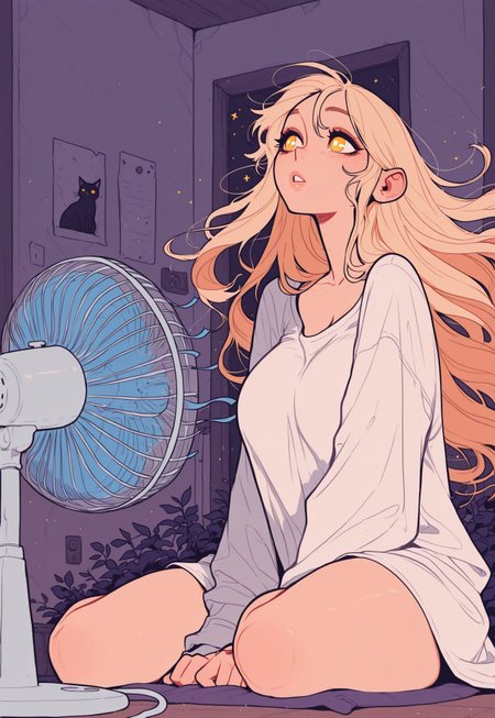 score_9, score_8_up, score_7_up, masterpiece, best quality, very aesthetic, incoth, (incase:0.6), detailed face, (dynamic:1), 1woman, catgirl, blonde hair, golden eyes, white pupils, long hair, flowing hair, windy, sitting in front of fan, big fan, electric fan, (windtunnel:0.8), oversized white shirt,  mature, (lips:0.4)