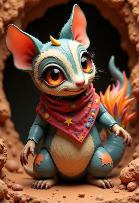 a cute chibby skunk (made out of clay) with big rainbow eyes, it wears a cool rainbow bandana, very detailed, 4k, sharp, (very detailed clay, brownish clay), clay background, clay cave