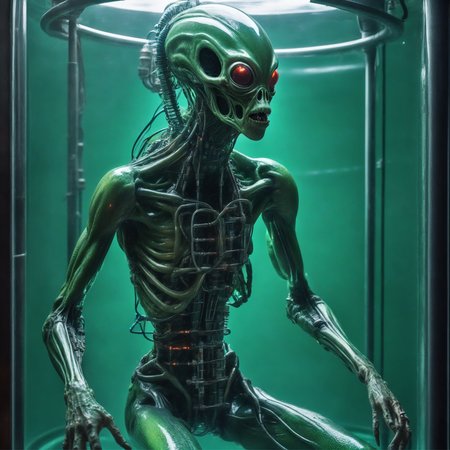 photographic,(a slimy alien humanoid creature,full body, locked up, immersed inside a biotech scifi cylindrical  greenish water filled tank:1.3), secret experience lab, suspended foreign lifeform, wires, tubing, tropical, colorfull, dark vibes, highest detailed,cinematic light,  bubble, barefoot, air bubble, anklet,machine made joints,blood vessels connected to tubes,mechanical vertebra attaching to back,mechanical cervial attaching to neck,expressionless,wires and cables attaching to neck,wires and cables on head,character focus,science fiction, highest detailed