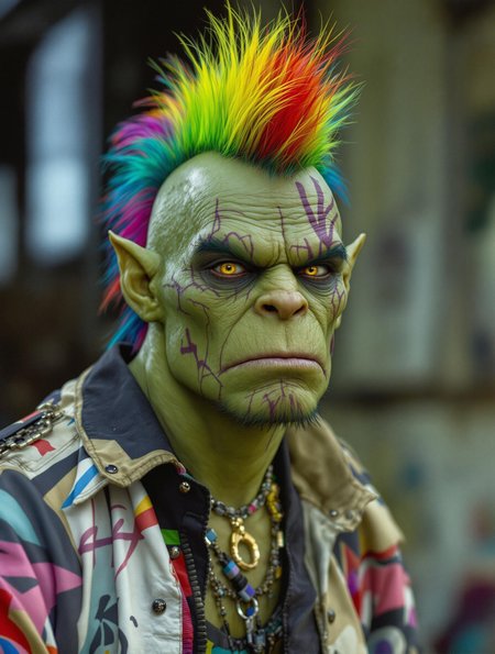 portrait photo of a green skinned Orc as a 1980s punk with a colourful Mohawk hairstyle and punk style clothes. Natural lighting and shadows.