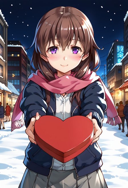 zPDXL3, score_9_up, score_8_up, score_7_up, (Anime_source), 1girl, solo, kisaragi, long hair, brown hair, brown eyes, purple eyes, kisaragi (kancolle), dark blue jacket, hood, open jacket, pink scarf, white shirt, grey skirt, looking at viewer, light smile, <lora:heart-shaped-box-ponyxl-lora-nochekaiser:1>, heart-shaped box, holding, box, gift, valentine, incoming gift, light blush, outstretched arms, cold weather, snow, highly detailed city, city lights, city streets, buildings, cityscape, highly detailed background, cinematic, dutch angle, perfecteyes, traditional media, <lora:add-detail-xl:0.4>, perfect hands, warm exterior lighting, subtle shadows, soft, cinematic, compelling composition, storytelling elements, conveys emotion, mood, and narrative depth, hdr, 8k wallpaper, ultra high quality, (extremely detailed cg), perfect lighting, (sharp image)
