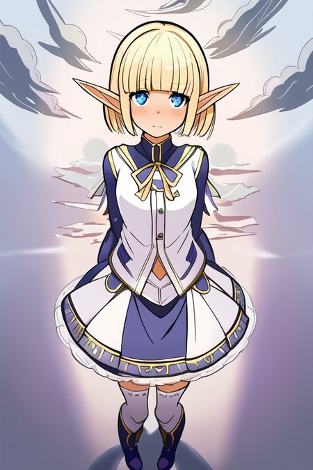 (realistic:0.2), anime illustration of (Mare Bello Fiore), full body, detailed, (realistic:0.2), 
short skirt, cute face, clear eyes, elf ears,  white background
simple background, small breasts, cute girl, young girl, sunny day, with shadows, clouds ((masterpiece)), (SFW)
<lora:auraAndMareBellaFiora_v10:0.6>,
