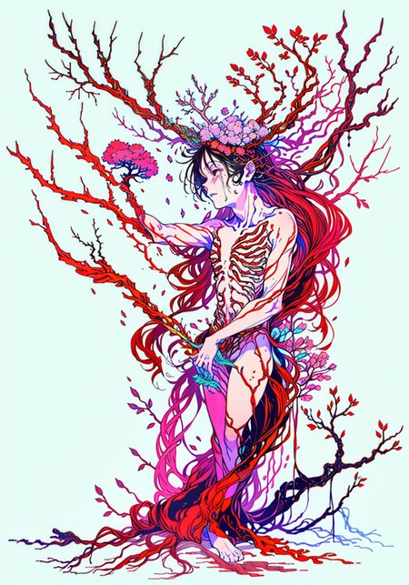 Ibuki Suika,full body,simple background,(broken face:1.2),((black and red)),((1boy)),dissect,skeleton, skin,bone,rib,growth,leaf,tree branch on head,branch, fractal,DNA,spiral,butterfly,branch arm,branch legs