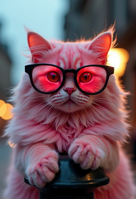 Pink fluffy cat wearing glasses, narrow frame made in the shape of an inverted figure eight (infinity sign) with red lenses sits on a lamppost, surrealism, avant-garde, hyper-detailed, professional photo shoot, ultra sharp, bright colors, humor, atmospheric, full screen, aidmaimageupgrader