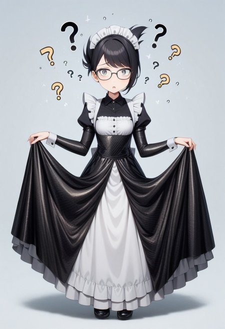 lazympos, cf_style, 1girl, solo, maid, maid headdress, long dress, carbon fiber dress, white apron, small breasts, black hair, folded ponytail, swept bangs, gray eye, glasses,  confused, ?, lifting skirt