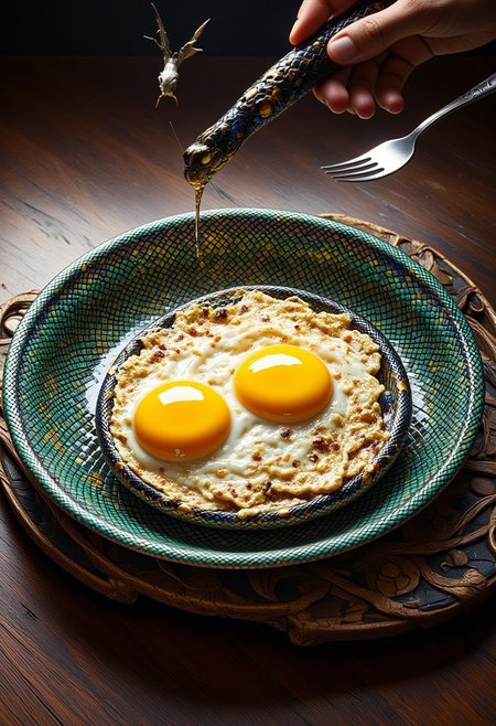 sn4k3, aidmamj6.1, anime, cyberpunk, A surreal and imaginative image of a plate of fried eggs, but instead of egg whites, the base is made of shimmering, crispy snake scales. The scales have an iridescent sheen, reflecting hues of green, gold, and black, while the yolks remain rich and golden, sitting perfectly in the center.
The dish is served on an ornate plate, possibly with decorative serpentine patterns, enhancing the mystical or exotic feel. A fork hovers nearby, emphasizing the idea that this is an unusual yet strangely appetizing meal.
The background could feature a rustic wooden table, a high-end gourmet setting, or even a mythical marketplace where such delicacies are enjoyed. The scene blends realism with fantasy, making the dish feel both bizarre and fascinating.
