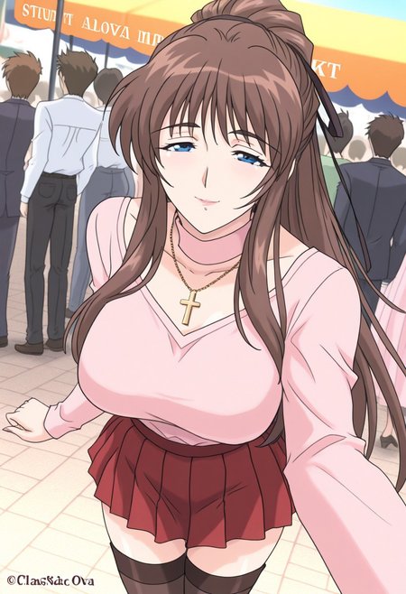 masterpiece, best quality, newest, highres, uncensored, 1girl, yokota mamoru style,1girl, slender face，motion lines,Kasatani Youko OVA,long hair, brown hair, long curtain hair bangs, (high ponytail hairstyle), black eyes pupil, clear eyes pupils, clear face,Ankle Length hair, Brown hair, Straight hair,blakc skin,Slim,look at the viewer,torogao,seductive smile,
skirt, thighhighs, jewelry, necklace, zettai ryouiki, cross, long sleeves, red skirt, pleated skirt, miniskirt, dress, pink dress, cross necklace, street market, vendor, street food, bustling crowd, local flavor, vibrant, smile, looking at viewer, hand reaching out, solo,, cowboy shot, dutch angle