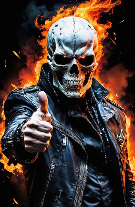 single thumbs up, 💀   A ultra realistic poster of Ghostrider onfire in the red matrix, by Daniel Castan , Carne Griffiths , Andreas Lie , Russ Mills , Leonid Afremov, dark background, cinematic, high detail, vibrant,
and Hyperdimensional Rendering, Alien Technology, Cognitive Boundaries, 8K
<lora:sdxl_photorealistic_slider_v1:0.6>   <lora:single thumbs up:1>  